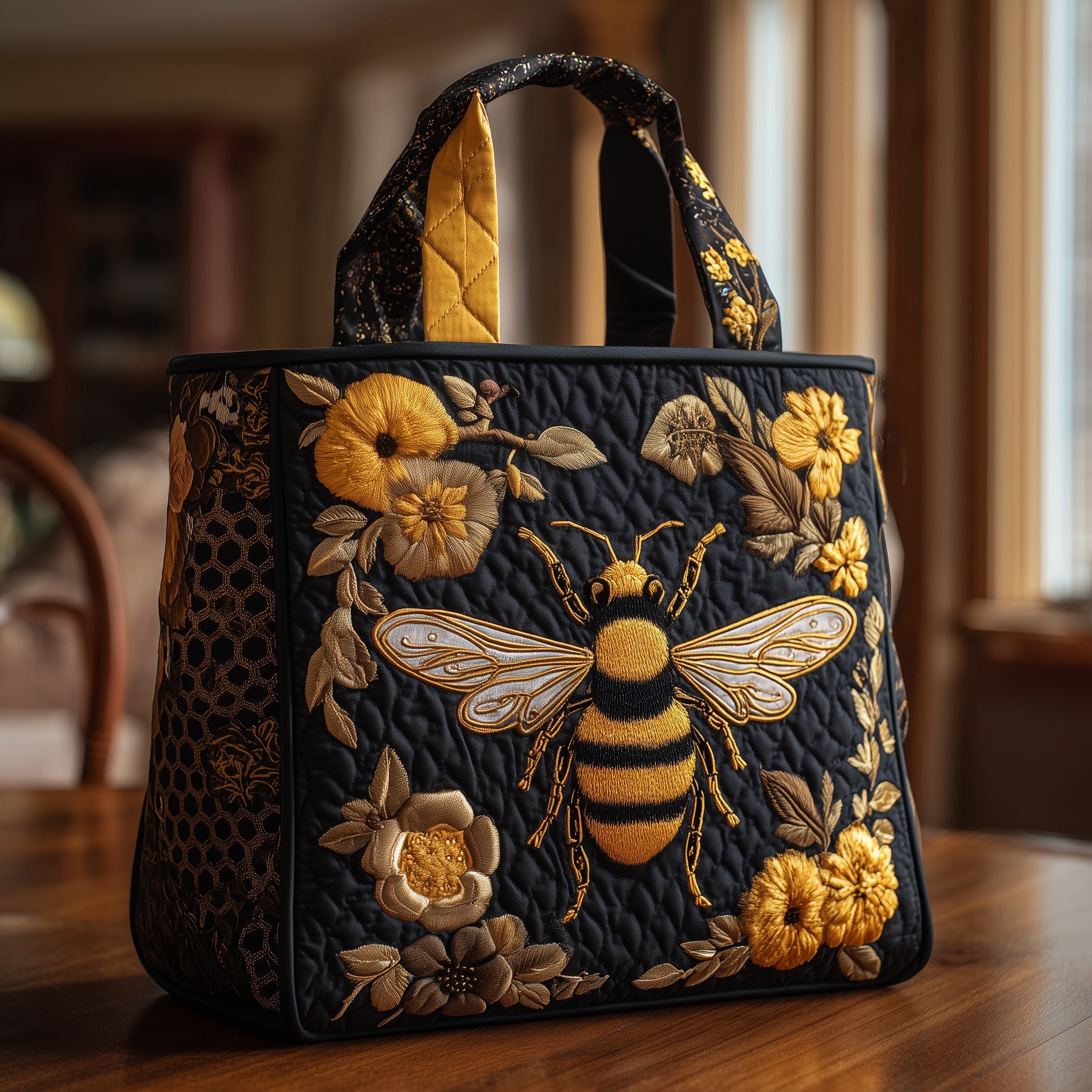 Women'S Work Bags Designer - Luxury Black Gold Bee Quilted Tote